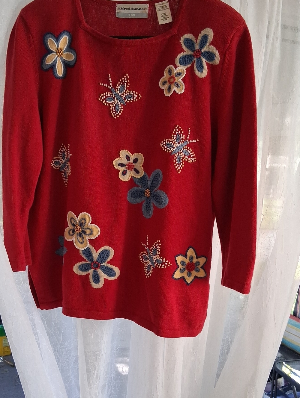 Alfred Dunner Red Floral Appliqué Crewneck Sweater with Blue & Cream Accents